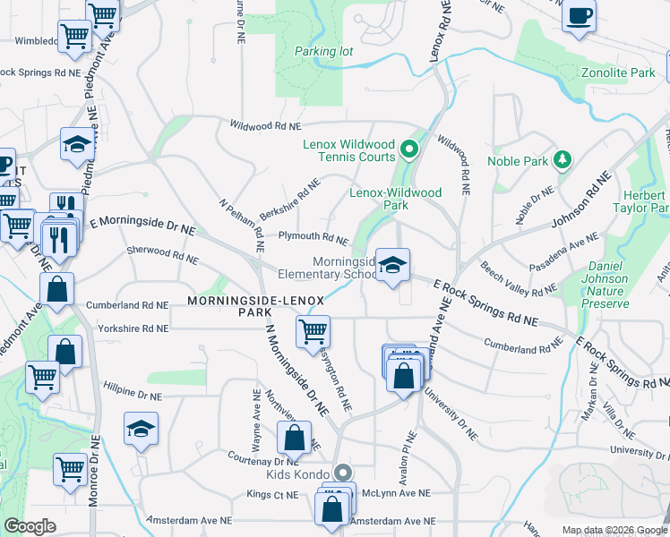 map of restaurants, bars, coffee shops, grocery stores, and more near 1590 West Sussex Road Northeast in Atlanta