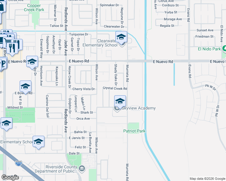 map of restaurants, bars, coffee shops, grocery stores, and more near 707 Crystal Creek Road in Perris