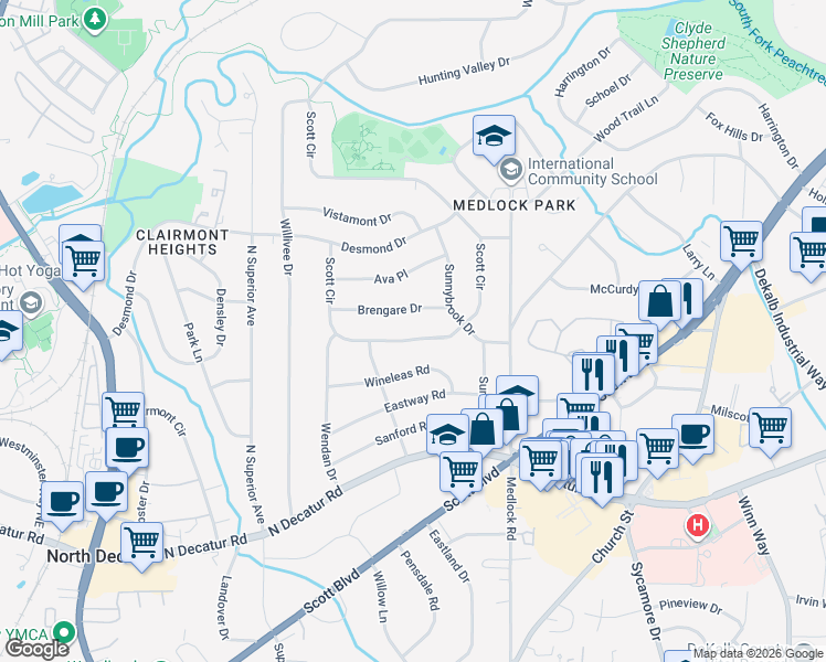 map of restaurants, bars, coffee shops, grocery stores, and more near 2329 Brengare Drive in Decatur