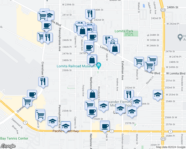 map of restaurants, bars, coffee shops, grocery stores, and more near 25016 Narbonne Avenue in Lomita