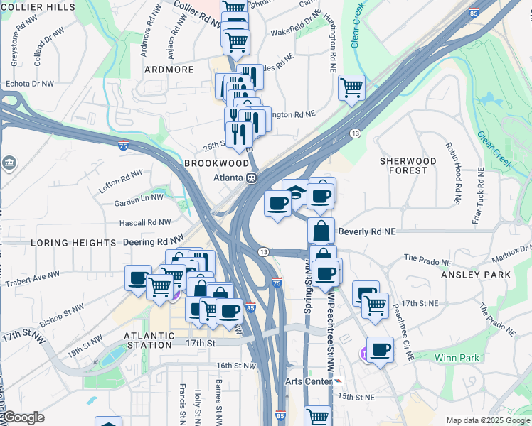 map of restaurants, bars, coffee shops, grocery stores, and more near 1660 Peachtree Road Northwest in Atlanta