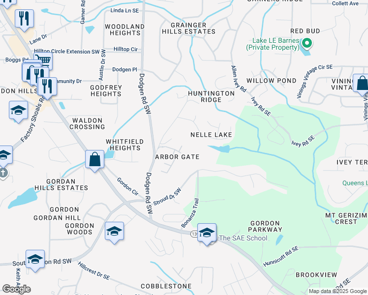 map of restaurants, bars, coffee shops, grocery stores, and more near 6489 Arbor Gate Drive Southwest in Mableton