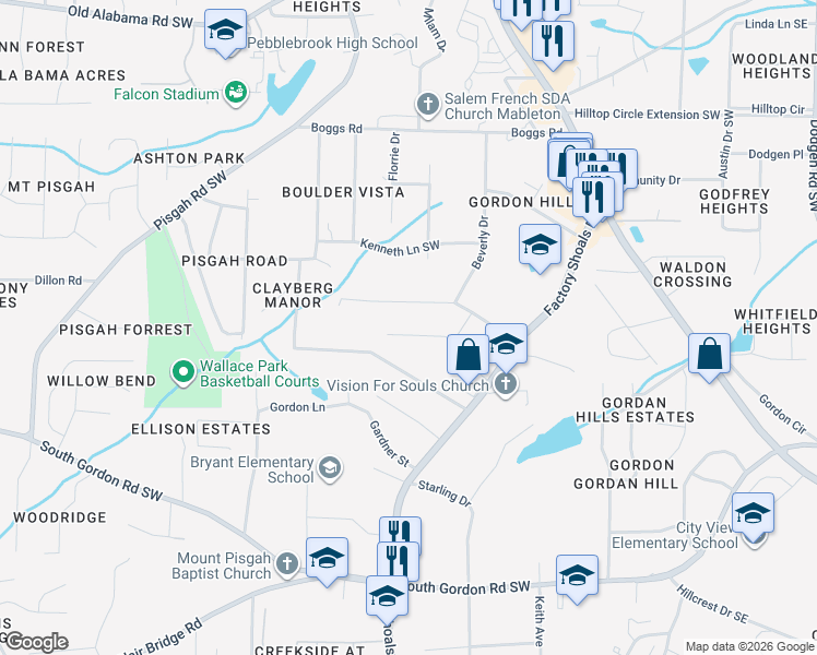 map of restaurants, bars, coffee shops, grocery stores, and more near 610 Charity Lane Southwest in Mableton