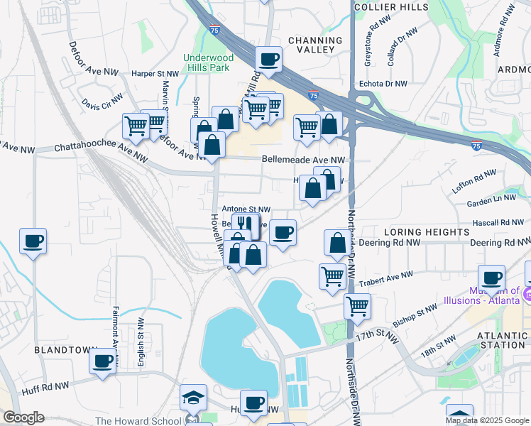 map of restaurants, bars, coffee shops, grocery stores, and more near 748 Antone Street Northwest in Atlanta