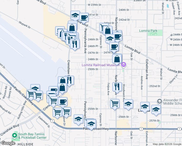 map of restaurants, bars, coffee shops, grocery stores, and more near 2350 250th Street in Lomita