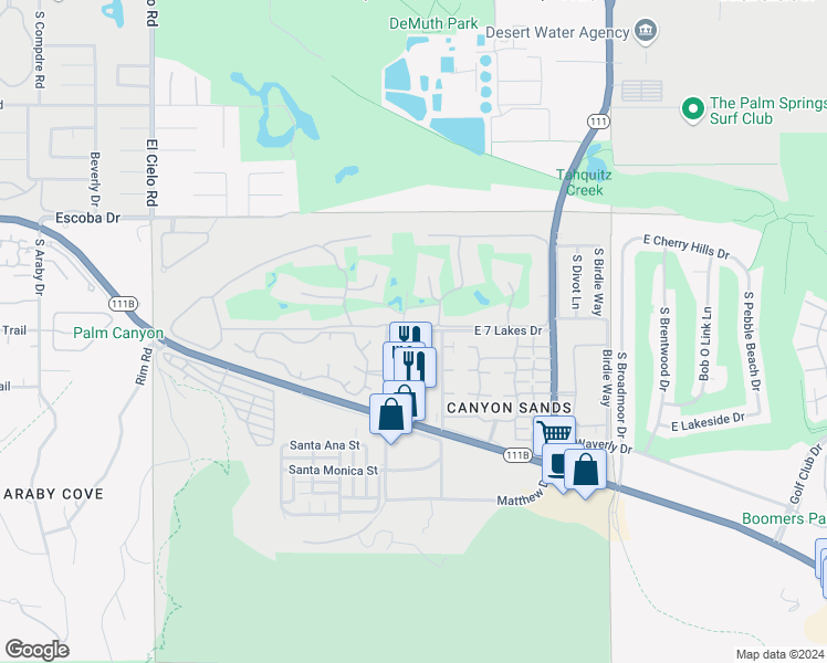 map of restaurants, bars, coffee shops, grocery stores, and more near 451 Desert Lakes Drive in Palm Springs