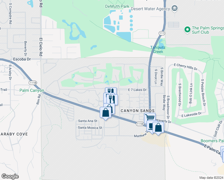 map of restaurants, bars, coffee shops, grocery stores, and more near 447 Desert Lakes Drive in Palm Springs