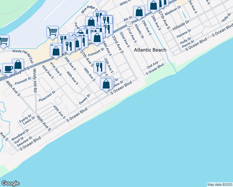 map of restaurants, bars, coffee shops, grocery stores, and more near 3601 South Ocean Boulevard in North Myrtle Beach