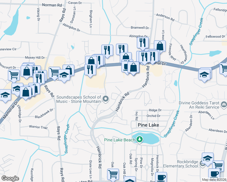 map of restaurants, bars, coffee shops, grocery stores, and more near 731 Village Square Drive in Stone Mountain