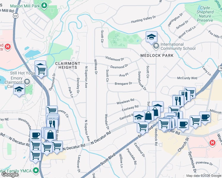 map of restaurants, bars, coffee shops, grocery stores, and more near 572 Scott Circle in Decatur
