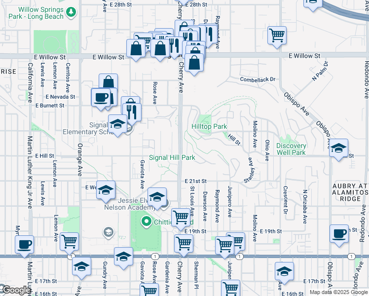 map of restaurants, bars, coffee shops, grocery stores, and more near 2231 Saint Louis Avenue in Signal Hill