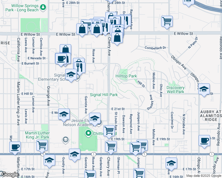 map of restaurants, bars, coffee shops, grocery stores, and more near 2231 Saint Louis Avenue in Signal Hill