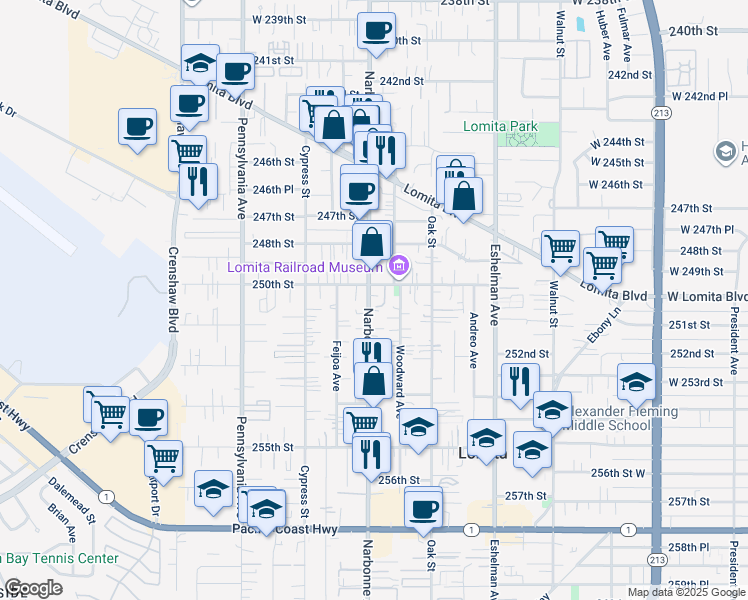 map of restaurants, bars, coffee shops, grocery stores, and more near 25016 Narbonne Avenue in Lomita
