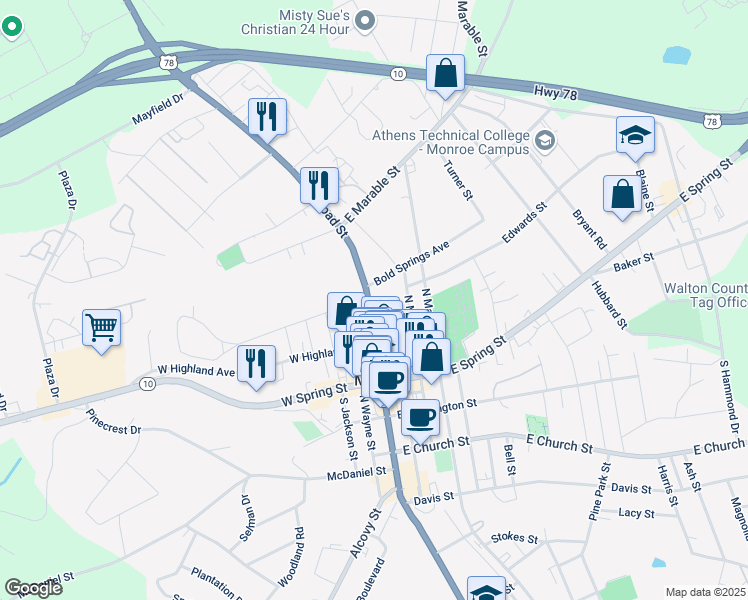 map of restaurants, bars, coffee shops, grocery stores, and more near 254 North Broad Street in Monroe