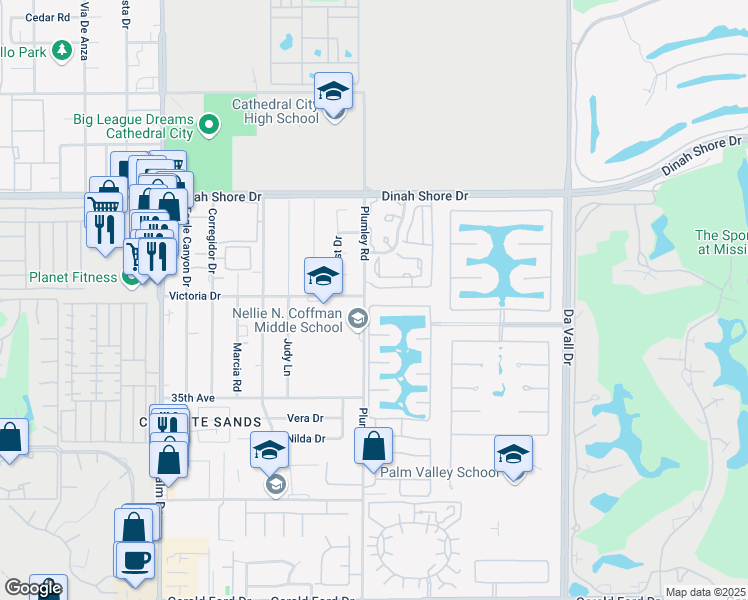 map of restaurants, bars, coffee shops, grocery stores, and more near 69480 Victoria Drive in Cathedral City