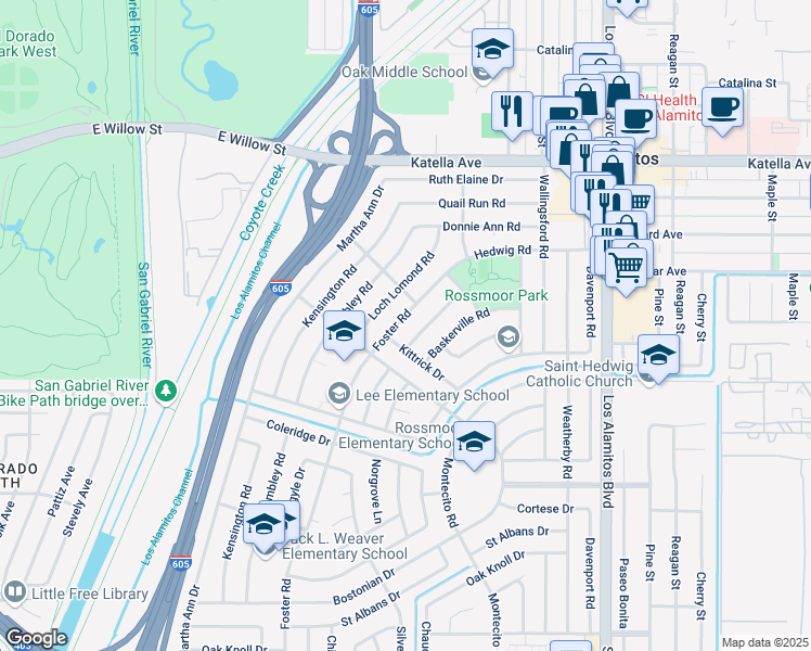map of restaurants, bars, coffee shops, grocery stores, and more near 11352 Foster Road in Los Alamitos