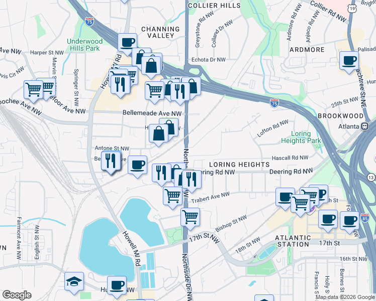 map of restaurants, bars, coffee shops, grocery stores, and more near 1567 Northside Drive Northwest in Atlanta