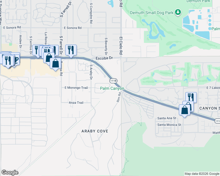 map of restaurants, bars, coffee shops, grocery stores, and more near 3013 Candle Light Lane in Palm Springs