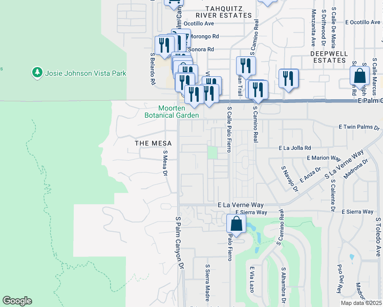 map of restaurants, bars, coffee shops, grocery stores, and more near 8 Bali Drive in Palm Springs