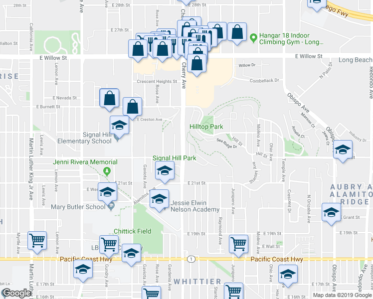 map of restaurants, bars, coffee shops, grocery stores, and more near 2298 Saint Louis Avenue in Signal Hill