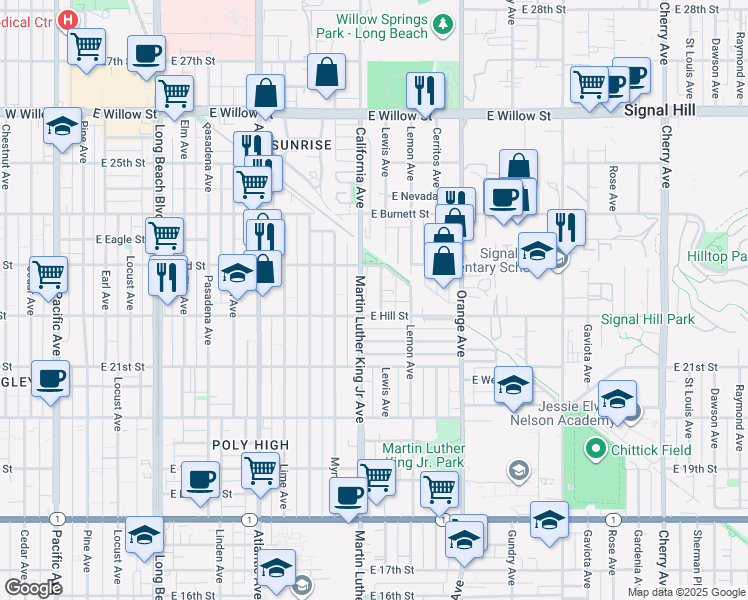 map of restaurants, bars, coffee shops, grocery stores, and more near 2250 Martin Luther King Junior Avenue in Long Beach