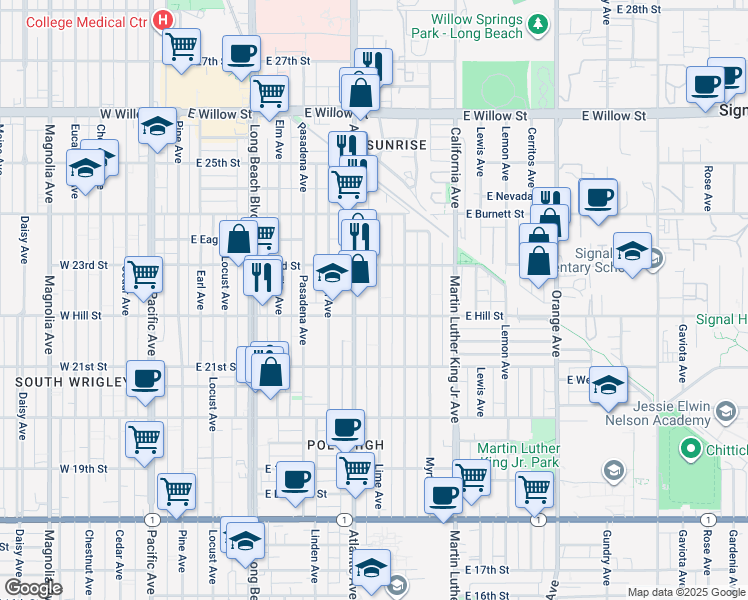 map of restaurants, bars, coffee shops, grocery stores, and more near 2248 Lime Avenue in Long Beach