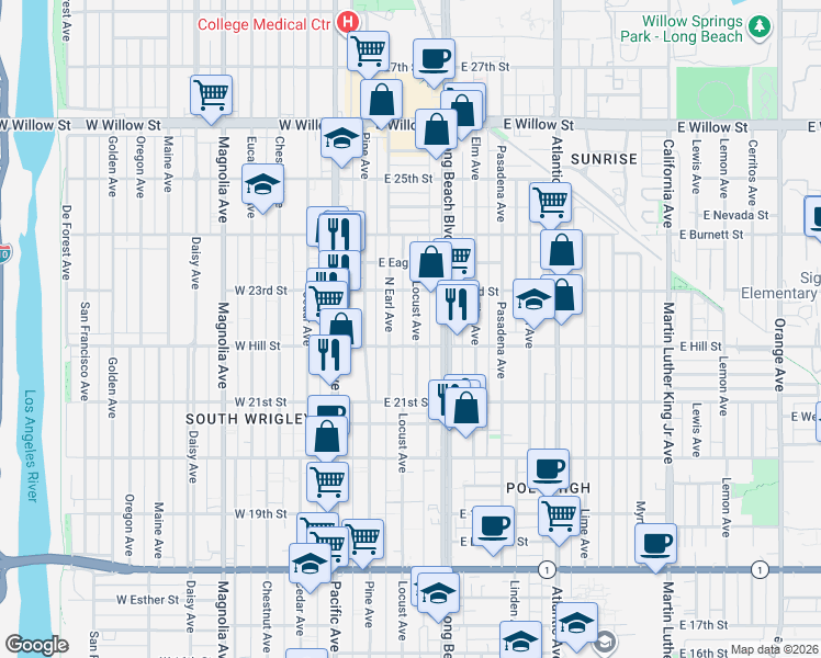 map of restaurants, bars, coffee shops, grocery stores, and more near 2243 Locust Avenue in Long Beach
