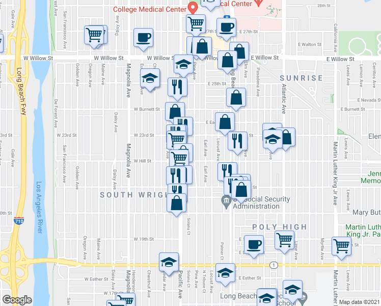 map of restaurants, bars, coffee shops, grocery stores, and more near 2250 Pine Avenue in Long Beach
