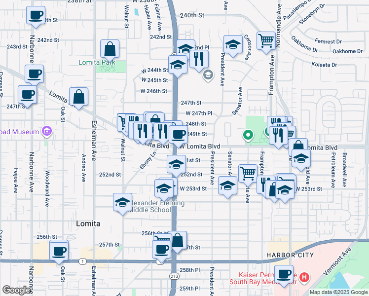 map of restaurants, bars, coffee shops, grocery stores, and more near 24930 California 213 in Los Angeles