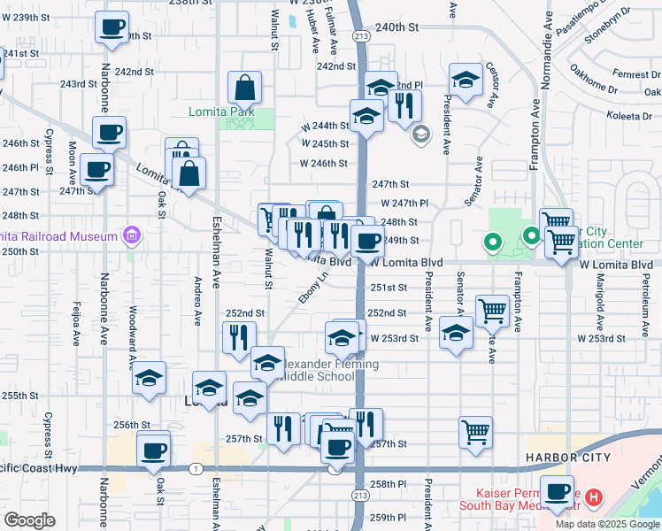 map of restaurants, bars, coffee shops, grocery stores, and more near 1811 Lomita Boulevard in Lomita