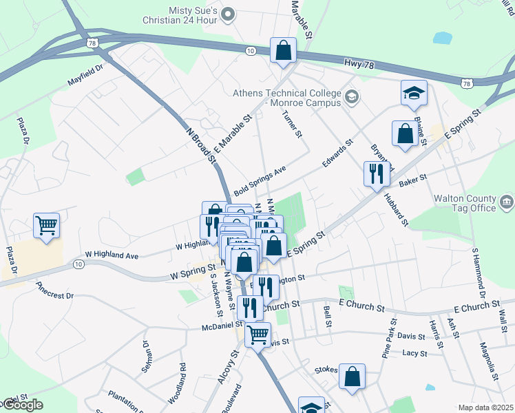 map of restaurants, bars, coffee shops, grocery stores, and more near 26 Edwards Street in Monroe
