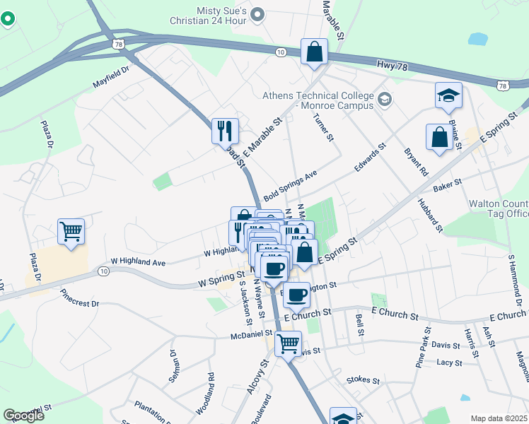 map of restaurants, bars, coffee shops, grocery stores, and more near 254 North Broad Street in Monroe