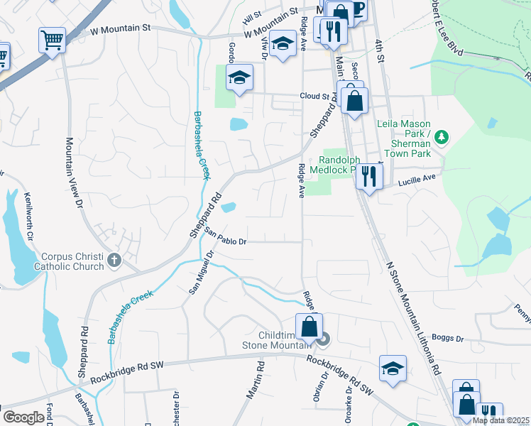 map of restaurants, bars, coffee shops, grocery stores, and more near 5250 Mountain Village Court in Stone Mountain