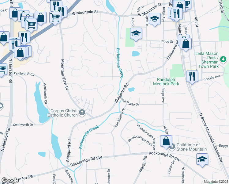 map of restaurants, bars, coffee shops, grocery stores, and more near 5174 Stone Trace in Stone Mountain
