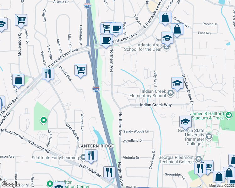 map of restaurants, bars, coffee shops, grocery stores, and more near 735 Northern Avenue in Clarkston
