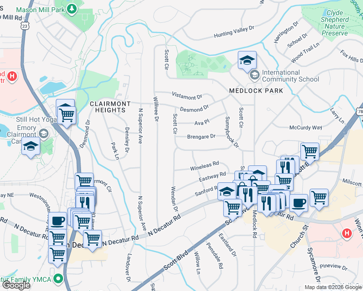 map of restaurants, bars, coffee shops, grocery stores, and more near 572 Scott Circle in Decatur