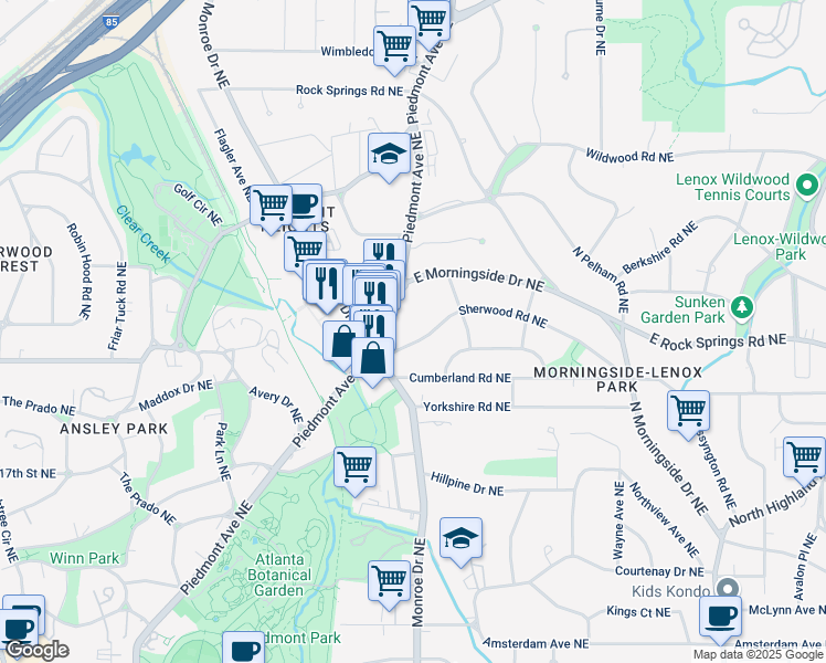 map of restaurants, bars, coffee shops, grocery stores, and more near 608 Sherwood Road Northeast in Atlanta