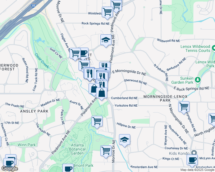 map of restaurants, bars, coffee shops, grocery stores, and more near 1585 Piedmont Avenue Northeast in Atlanta