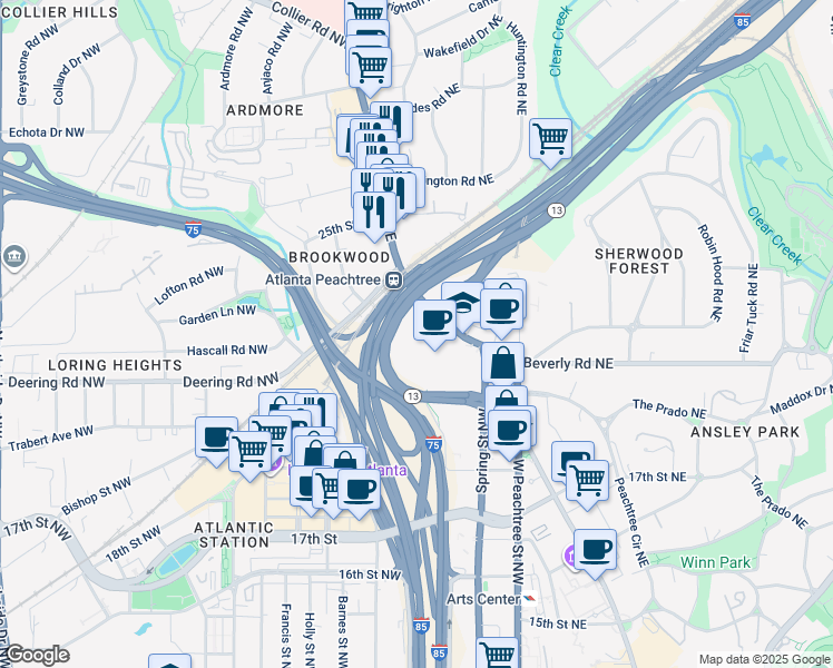map of restaurants, bars, coffee shops, grocery stores, and more near 1660 Peachtree Road Northwest in Atlanta