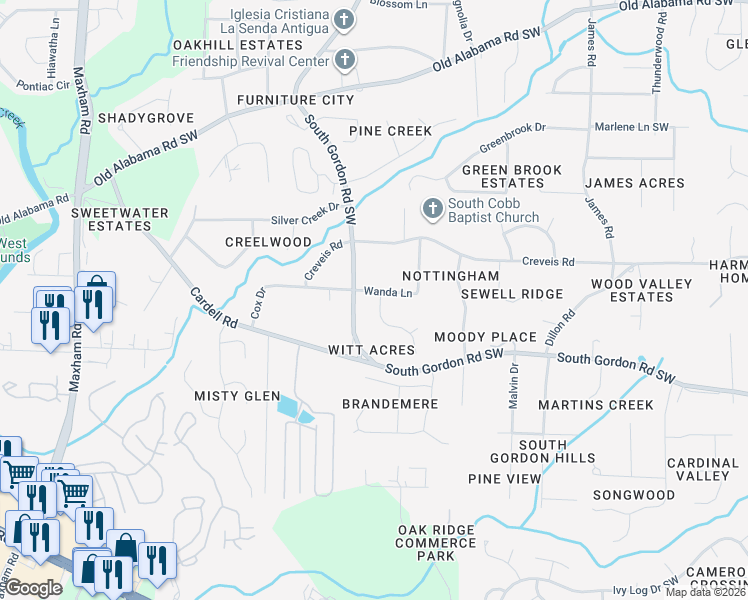 map of restaurants, bars, coffee shops, grocery stores, and more near 6453 Wanda Lane in Austell