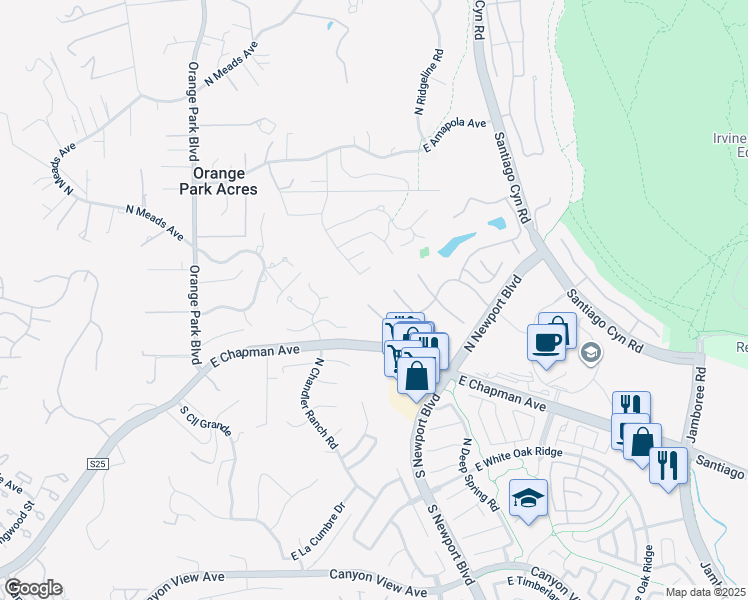 map of restaurants, bars, coffee shops, grocery stores, and more near 7419 East Calico Trail in Orange