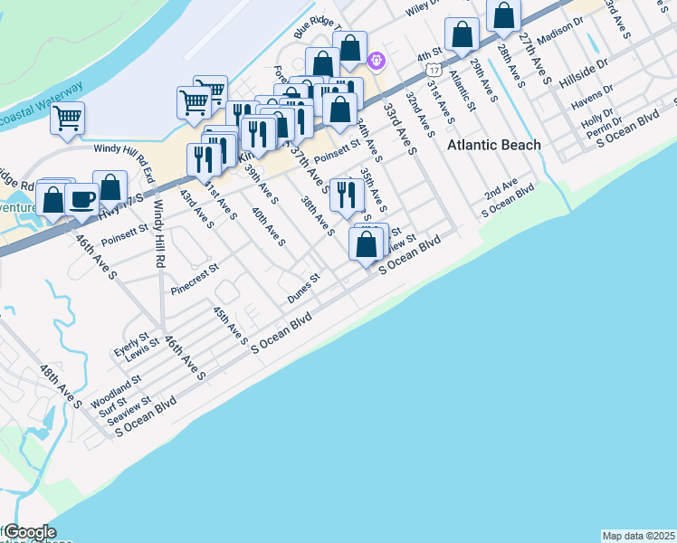 map of restaurants, bars, coffee shops, grocery stores, and more near 300 39th Avenue South in North Myrtle Beach