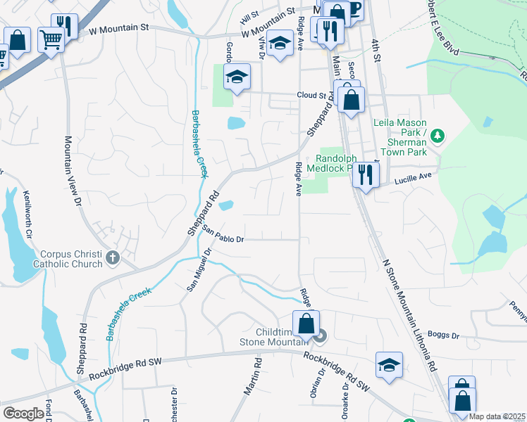 map of restaurants, bars, coffee shops, grocery stores, and more near 5250 Mountain Village Court in Stone Mountain