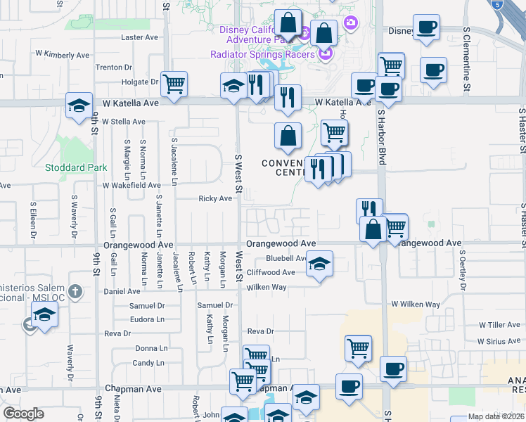 map of restaurants, bars, coffee shops, grocery stores, and more near 963 West Lamark Lane in Anaheim