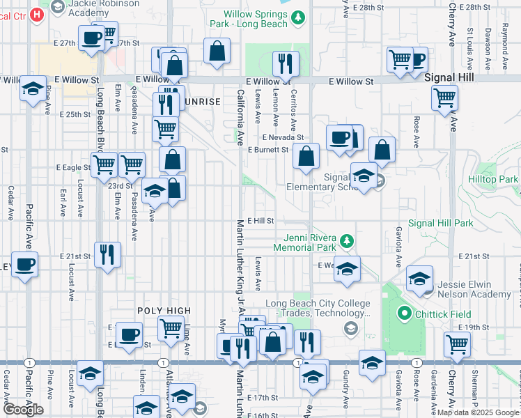 map of restaurants, bars, coffee shops, grocery stores, and more near 2226 Lewis Avenue in Long Beach
