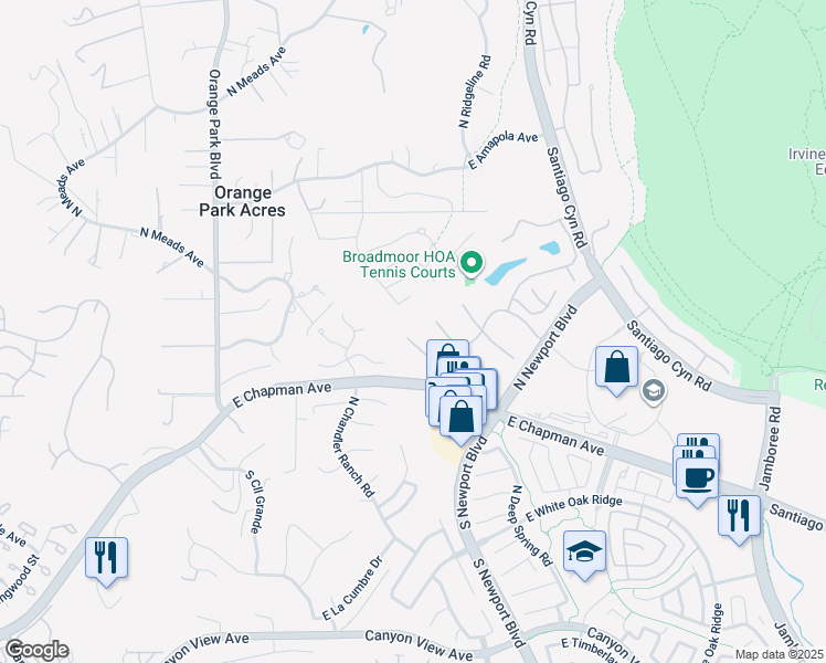 map of restaurants, bars, coffee shops, grocery stores, and more near 7419 East Calico Trail in Orange