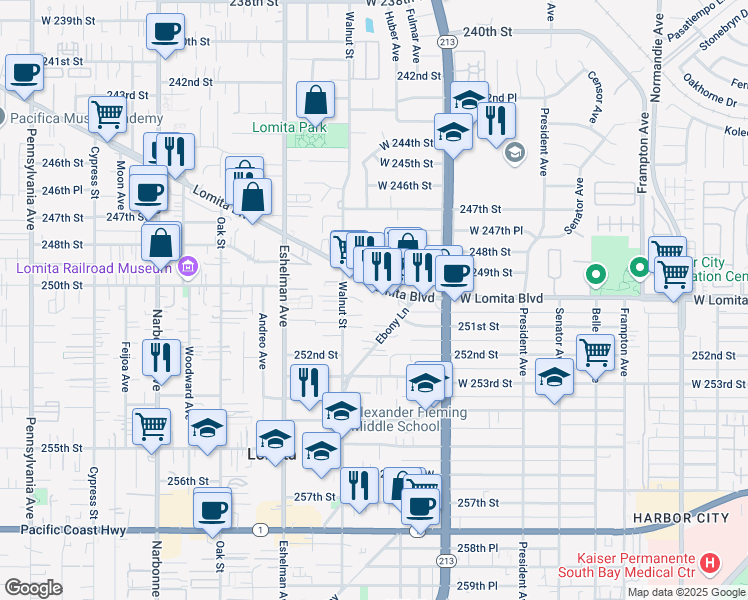 map of restaurants, bars, coffee shops, grocery stores, and more near 1864 Lomita Boulevard in Lomita