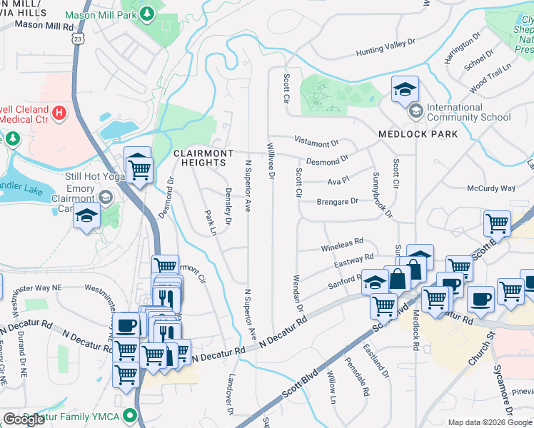map of restaurants, bars, coffee shops, grocery stores, and more near 723 Willivee Drive in Decatur