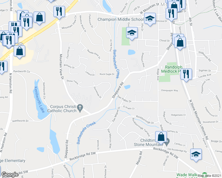 map of restaurants, bars, coffee shops, grocery stores, and more near 5174 Stone Trace in Stone Mountain