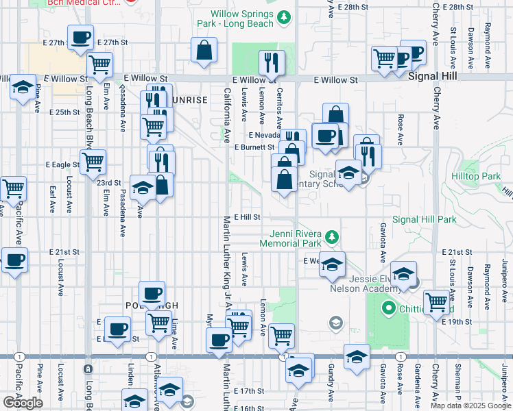 map of restaurants, bars, coffee shops, grocery stores, and more near 2239 Lemon Avenue in Long Beach
